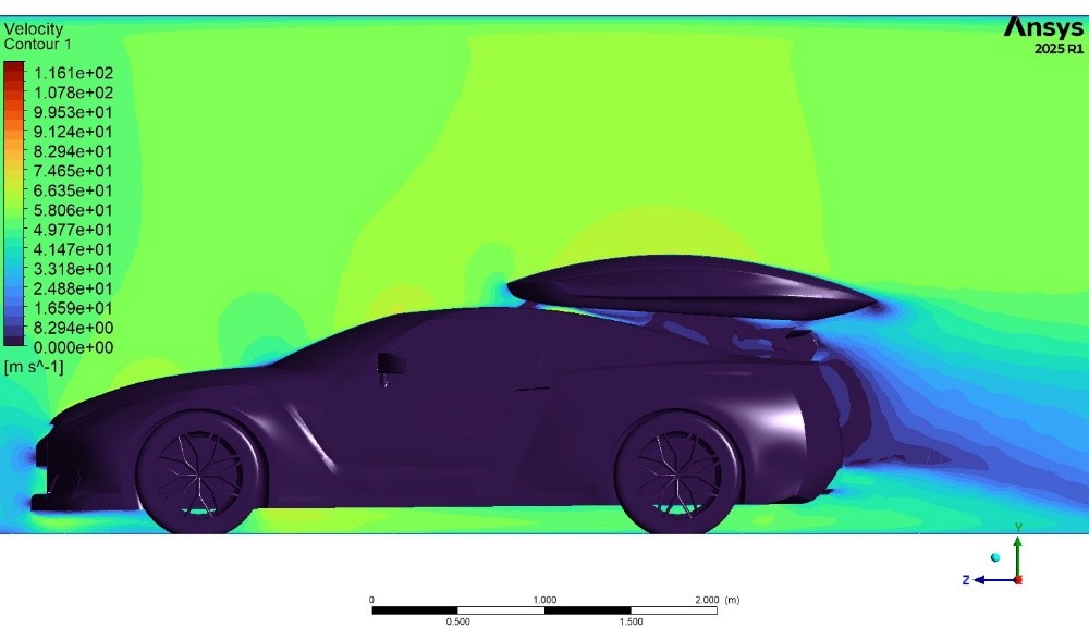 CFD Analysis of Car — External aerodynamics of a sports car with a roof-mounted cargo box — velocity field and pressure distribution.