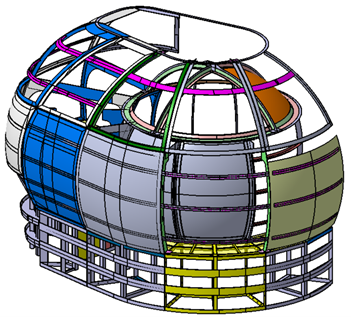 Flight Mission Simulator (FMS) — CAD model of a flight mission simulator — spherical cockpit dome, ribbed shell and support frame.