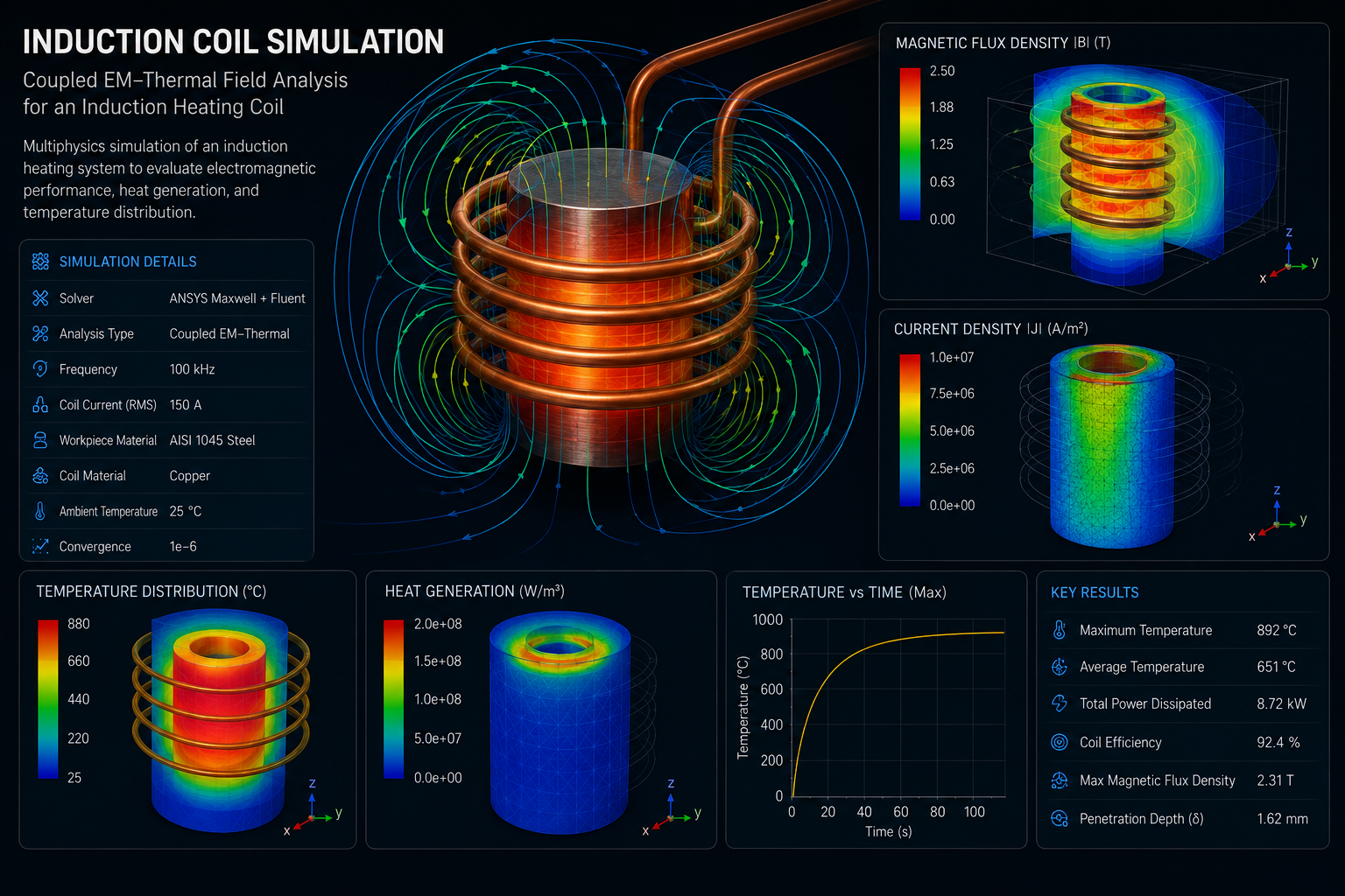 Induction Coil Simulation — Coupled EM-thermal field analysis for an induction heating coil.