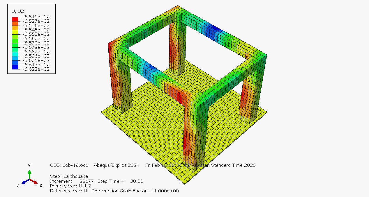 FEA of RCC Structure Under Seismic Load — Finite element analysis of a reinforced-concrete frame structure under earthquake loading in Abaqus/Explicit.