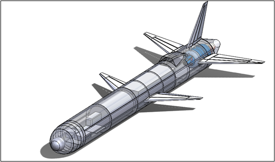 Target Drone — CAD model of a target drone — airframe, wing and tail layout, with internal systems packaging.